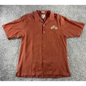 Luau Mens Med 100% Finest Silk Embroidered Camp Shirt‎ Rust Orange Herringbone